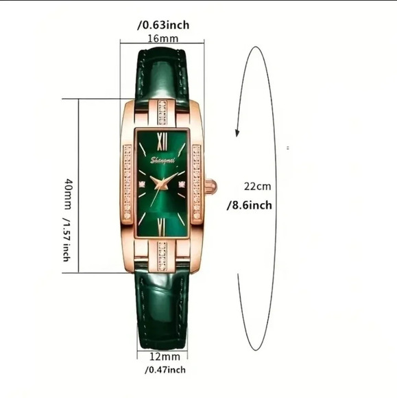 Luxury Women's Square Rose Golden Watch Green Leather Fashion Watch Women's.NWT - Picture 6 of 7